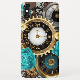 Funda Para iPhone XS Max Reloj de vapor y Rosas turquesa a rayas