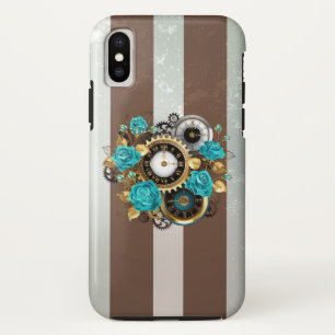 Funda Para iPhone XS Reloj de vapor y Rosas turquesa a rayas