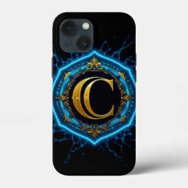 Funda Para iPhone 13 Mini Resplandor eléctrico azul dorado C monograma lujo 