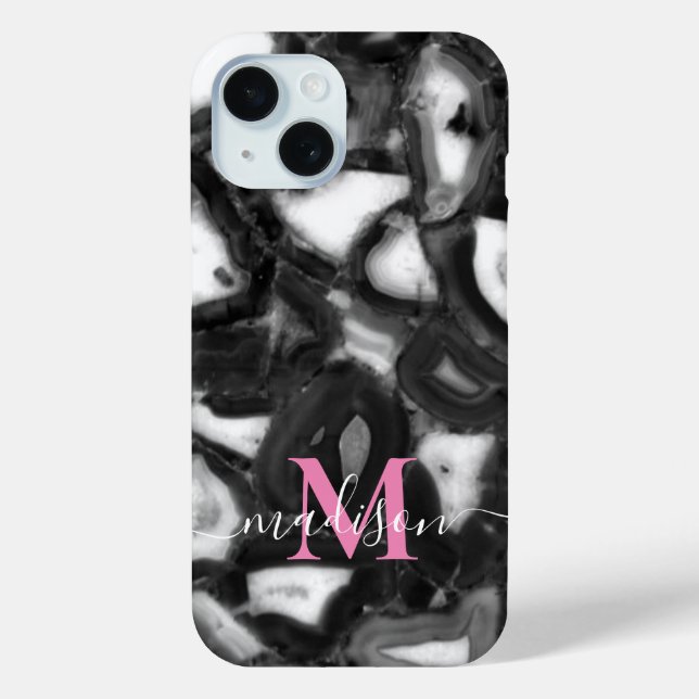 Funda De Case-Mate Para iPhone Resumen Blanco negro agates geogram script (Reverso )