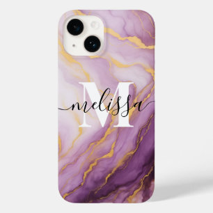 Funda Para iPhone 14 De Case-Mate Resumen caligrafía de monograma de mármol púrpura