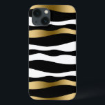Funda Para iPhone 13 Resumen de bandas de cebra blanco y oro negro<br><div class="desc">Elegante diseño de rayas abstractas de cebra en blanco y negro con acento de rayas oro aleatorio.</div>