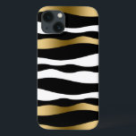Funda Para iPhone 13 Resumen de bandas de cebra blanco y oro negro<br><div class="desc">Elegante diseño de rayas abstractas de cebra en blanco y negro con acento de rayas oro aleatorio.</div>
