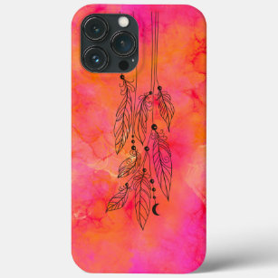 Funda Para iPhone 13 Pro Max Resumen de las plumas bohemias del Naranja rosa de