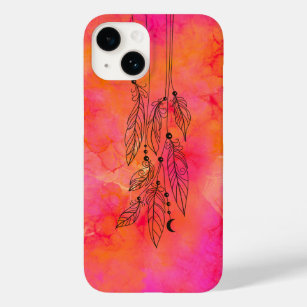 Funda Para iPhone 14 De Case-Mate Resumen de las plumas bohemias del Naranja rosa de