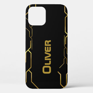 Funda Para iPhone 12 Pro Resumen de patrón dorado en negro con nombre perso