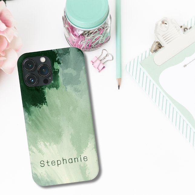 Funda De Case-Mate Para iPhone Resumen de tonos de agua verde en monograma (Monogrammed Green Watercolor Abstract iPhone Case)