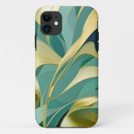 Funda Para iPhone 11 Resumen Diseño de hojas verdes y doradas