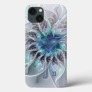 Funda Para iPhone 13 Resumen Flor Fractal Moderna Con Monograma Azul