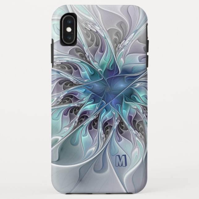 Funda De Case-Mate Para iPhone Resumen Flor Fractal Moderna Con Monograma Azul (Reverso)