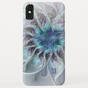 Funda Para iPhone XS Max Resumen Flor Fractal Moderna Con Monograma Azul