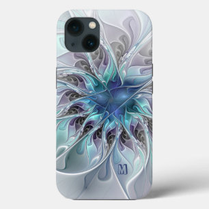 Funda Para iPhone 13 Resumen Flor Fractal Moderna Con Monograma Azul