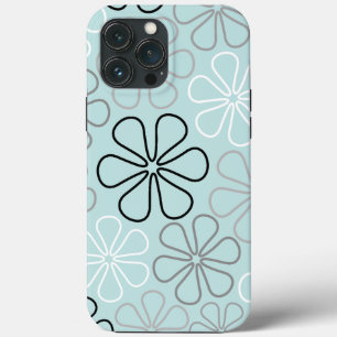 Funda Para iPhone 13 Pro Max Resumen Flor Grande Esboza BWG+Azul Huevo pato
