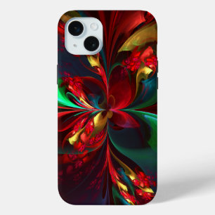 Funda Para iPhone 15 Mini Resumen floral moderno Patrón verde rojo del arte 