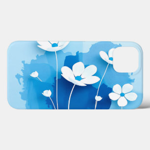 Funda Para iPhone 13 Resumen Flores blancas fondo azul claro