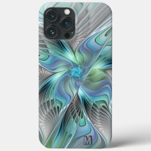 Funda Para iPhone 13 Pro Max Resumen Monograma de arte fractal de mariposa verd