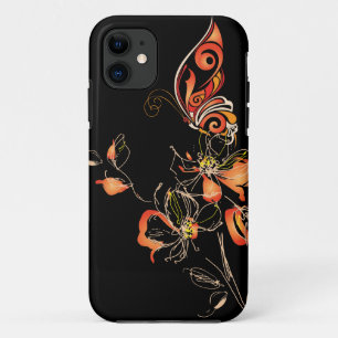 Funda Para iPhone 11 Resumen Naranja Mariposa y Floral