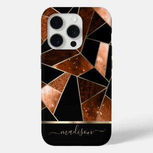 Funda Para iPhone 15 Pro Resumen Naranja oscuro, diseño negro y dorado