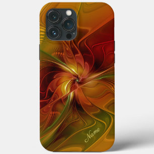 Funda Para iPhone 13 Pro Max Resumen Naranja Rojo Nombre de Flor Fractal Verde