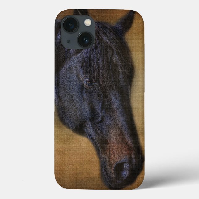Funda De Case-Mate Para iPhone Retrato de caballo negro sobre el efecto pergamino (Reverso)