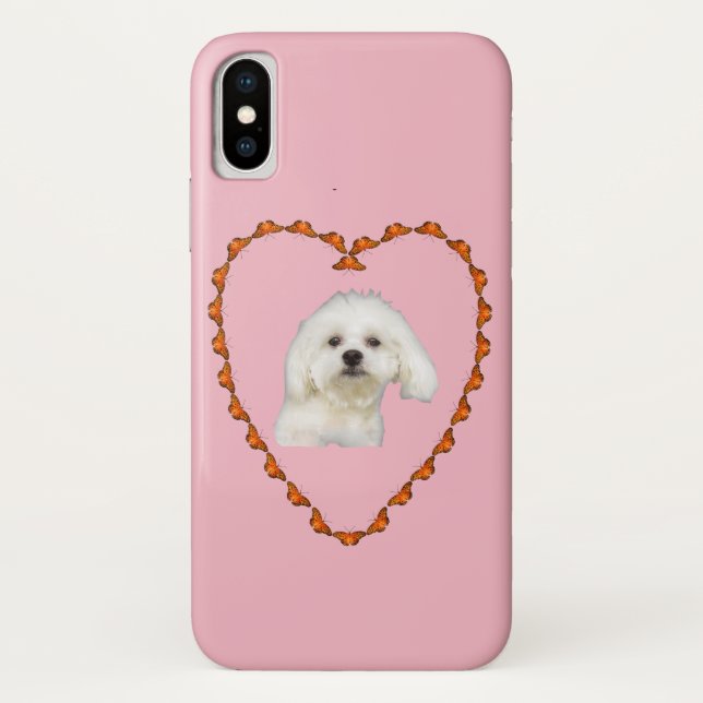 Funda De Case-Mate Para iPhone Retrato de cachorro maltés en rosa cardíaco (Reverso)
