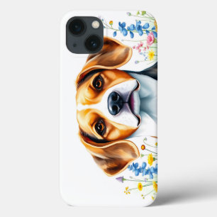 Funda Para iPhone 13 Retrato de color beagle con flor salvaje vibrante