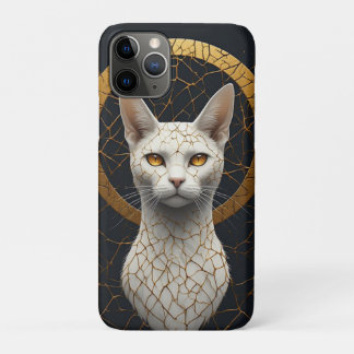 Funda Para iPhone 11 Pro Retrato de Gato Blanco con Halo Geométrico Dorado