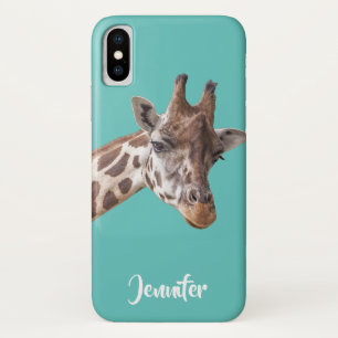 Funda Para iPhone X Retrato de jirafa sobre nombre Verde azulado perso