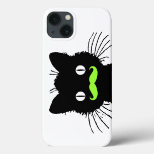 FUNDA PARA iPhone 13 RETRO BLACK CAT FUNNY LIME GREEN MUSTACHE