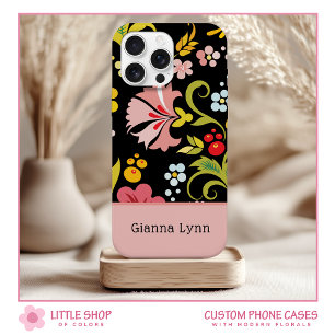 Funda Para iPhone 15 Retro Rosa Negro Floral Monogramado