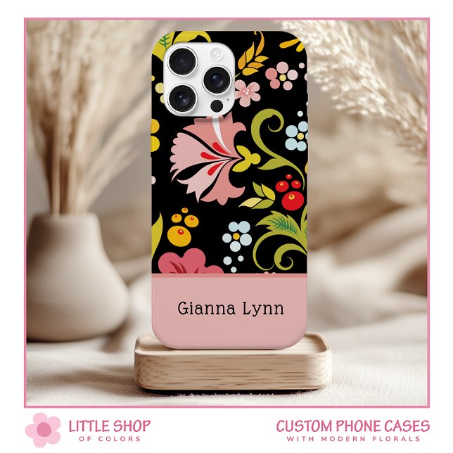 Funda De Case-Mate Para iPhone Retro Rosa Negro Floral Monogramado (Subido por el creador)