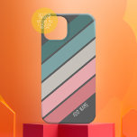 Funda Para iPhone 15 Retro Sporty strips verde azulado nombre manuscrit<br><div class="desc">Un arco iris pastel retro con colores inspirados de los años 70 y un patrón mínimo. Se pueden cambiar los colores verde azulado,  rosa y gris. Las grandes rayas que corren diagonal lo hacen una apariencia audaz pero mínima para su cubierta.</div>