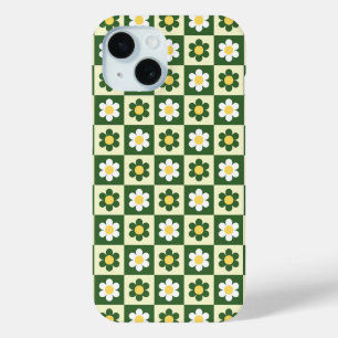Funda Para iPhone 15 Retro Verde Salvia y Cuadro de Daisy Crema