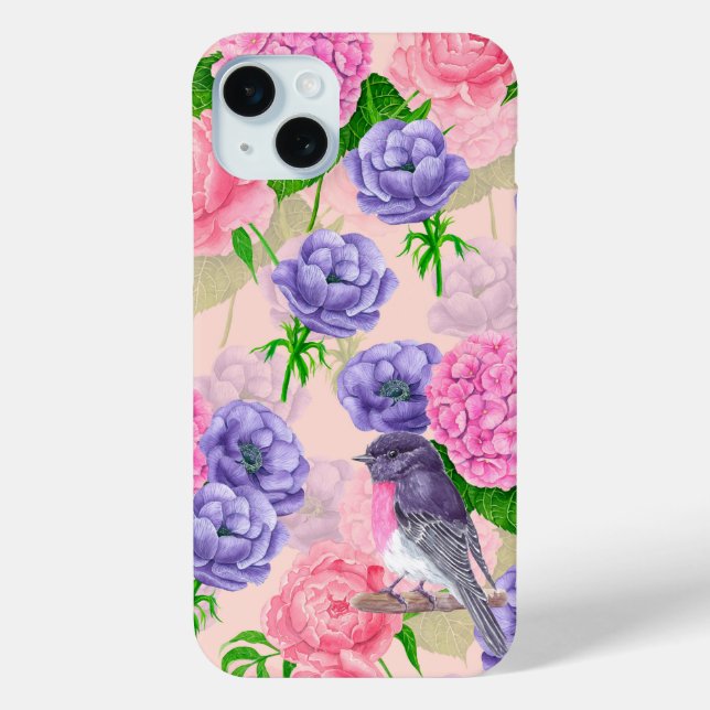 Funda De Case-Mate Para iPhone Robin y flores, acuarela (Reverso )