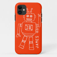 Robot divertido llamado naranja y chicos blancos