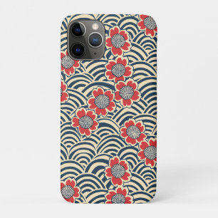 Funda Para iPhone 11 Pro Rojas Sakura Marina Ola Crema Patrón Japonés