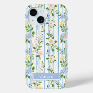 Funda Para iPhone 15 Rojizo Azul Floral Acuarela Rayado Personalizado