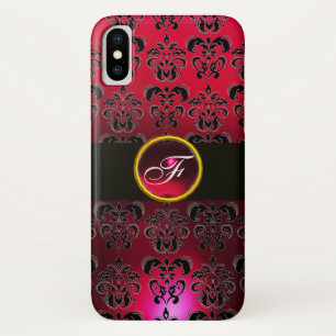 FUNDA PARA iPhone X ROJO BURGUNDY BLACK DAMASK GEM STONE MONOGRAM