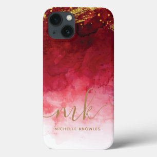Funda Para iPhone 13 Rojo con monograma personalizado con salpicón de o