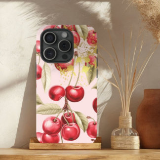 Funda Para iPhone 15 Rojo de lujo, rosa y oro Fruto de cerezo Trellis