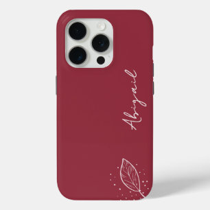 Funda Para iPhone 15 Pro Rojo marrón, nombre blanco, hoja Minimalista y pun
