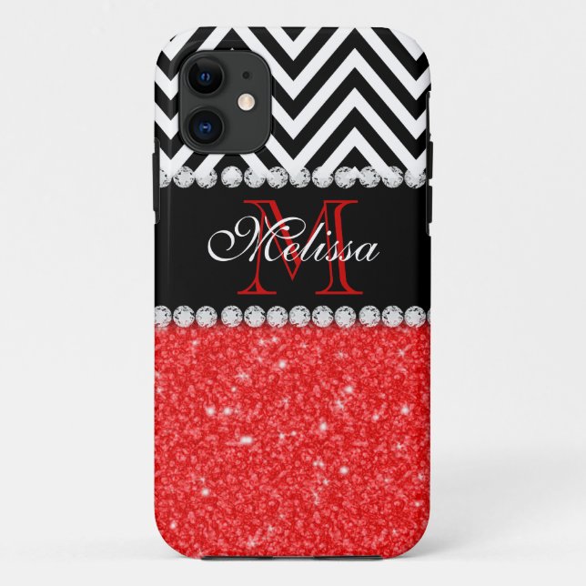 FUNDA DE Case-Mate PARA iPhone ROJO PURPURINA CHEVRON NEGRO MONOGRAMADO (Reverso)