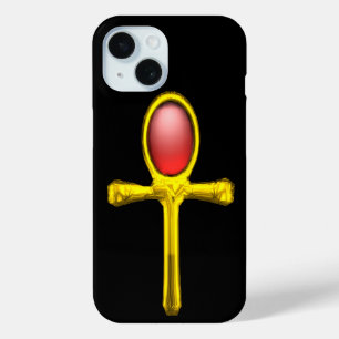 FUNDA PARA iPhone 15 ROJO TALISMAN /ORO EGIPCIO ANKH
