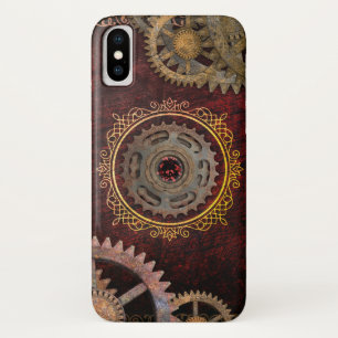 Funda Para iPhone X Rojo y engranaje de Steampunk del oro