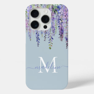 Funda Para iPhone 15 Pro Romántico Dusty Blue Wisteria Monograma Script Nom