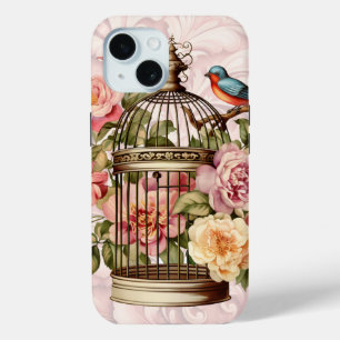 Funda Para iPhone 15 Romántico Jaula de Pájaros Floral Acuarela Vintage