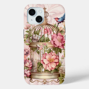 Funda Para iPhone 15 Romántico Jaula de Pájaros Floral Acuarela Vintage