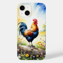 Rooster encaramado en un estuche de teléfono de re