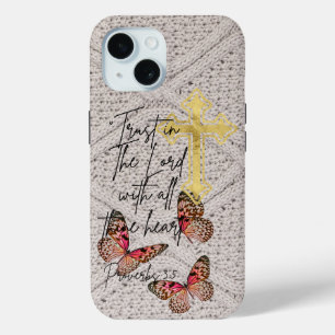 Funda Para iPhone 15 Ropa de punto divina de moda Cruz Mariposas Rosa