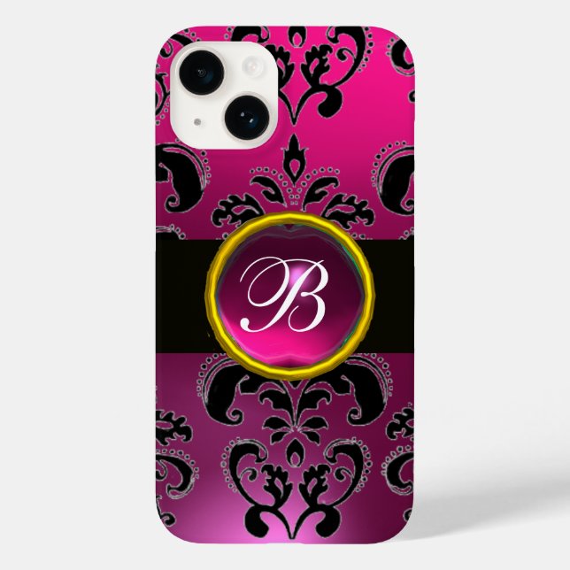 Funda De Case-Mate Para iPhone ROPA NEGRA FUCHSIA DAMASK MONOGRAM,Gema de rubí (Reverso )